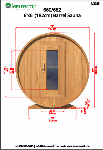 Dundalk 6'x6' (182cm) Barrel Sauna- Clear Cedar