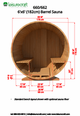 Dundalk 6'x6' (182cm) Barrel Sauna- Clear Cedar
