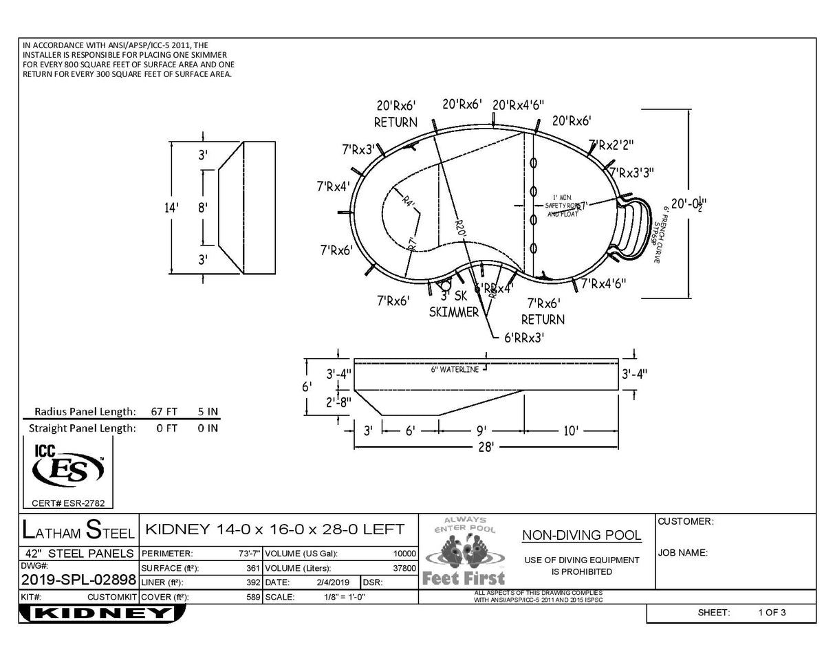 14 x 28 Left Hand Kidney Inground Pool Kit (6 Ft Step)
