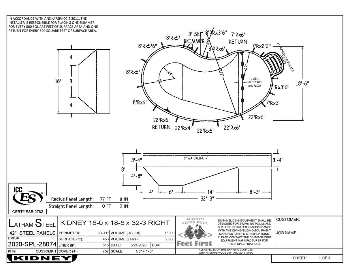 16 x 32 Right Hand Kidney Inground Pool Kit (6Ft Step)
